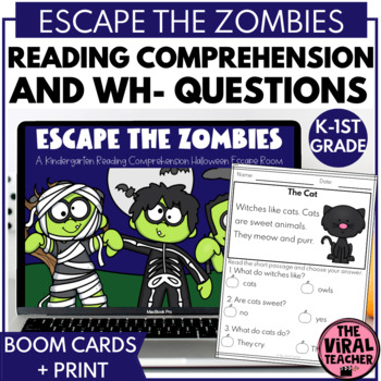 Preview of Kindergarten Halloween Reading Comprehension Escape Room Activity Boom Cards™