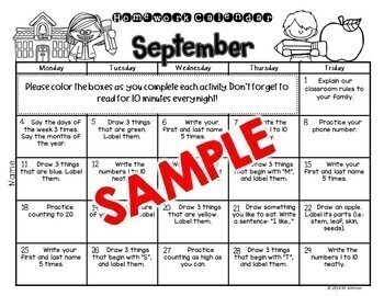 Kindergarten Homework Calendar {NOT EDITABLE} {2018-2019} by Marta Almiron