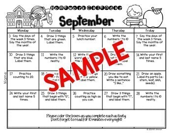 Kindergarten Homework Calendar EDITABLE {2017-2018} by Marta Almiron