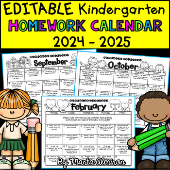 Preview of Kindergarten Homework Calendar EDITABLE {2024-2025}