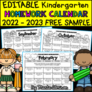 Preview of {FREE SAMPLE} EDITABLE Kindergarten Homework Calendar {2022-2023}