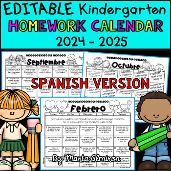 Preview of Kindergarten Homework Calendar  2024-25 {EDITABLE SPANISH VERSION}