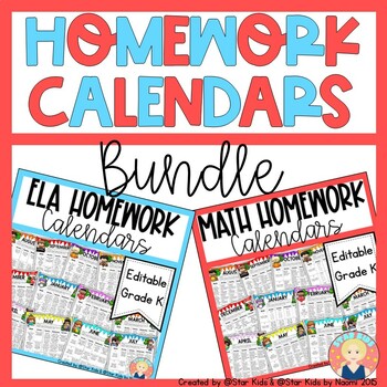 Preview of Kindergarten Homework Calendars for the Year ELA and MATH