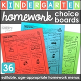 Kindergarten Homework Choice Boards – 36 Homework Menus – 