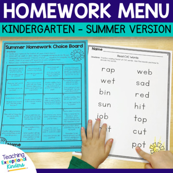 Preview of Kindergarten Homework Choice Menu Summer