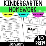 January Kindergarten Homework, Phonics & Math Worksheets, 