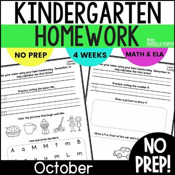 Preview of Kindergarten Homework for October, Kindergarten Weekly Homework