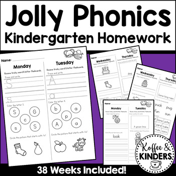 Preview of Kindergarten Homework Year Long | Jolly Phonics™ Aligned