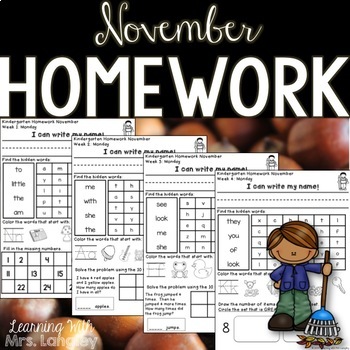 Preview of Kindergarten Homework NOVEMBER