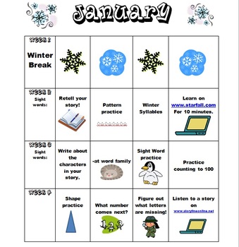 kindergarten january homework calendar