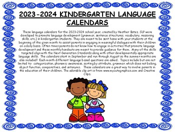 Preview of Kindergarten Language Calendars 2023-2024