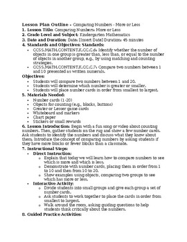 Preview of Kindergarten Lesson Plan Outline - Comparing Numbers - More or Less