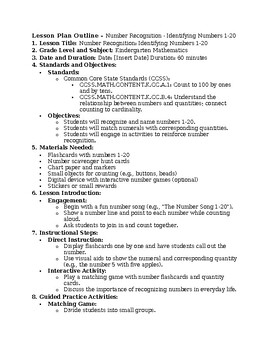 Preview of Kindergarten Lesson Plan Outline - Number Recognition - Identifying Numbers 1-20