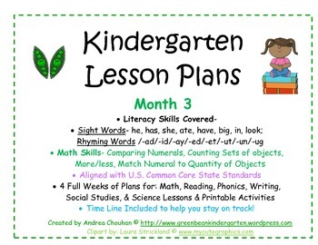 Preview of Kindergarten Lesson Plans - Month 3 - Common Core Aligned -GBK