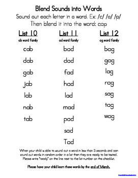 Kindergarten Word List Identifying Letters, Blending Words, and Sight Words