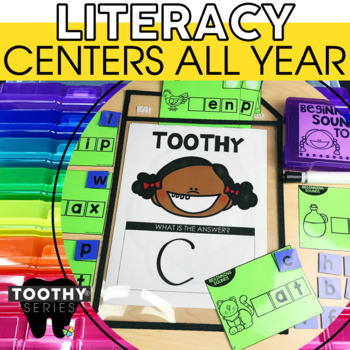 Preview of Kindergarten Literacy Centers - Literacy Games - ELA Toothy® Task Cards Bundle