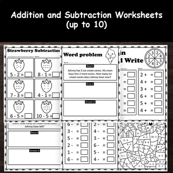 Kindergarten Math Addition and Subtraction Worksheets Up to 10 Numbers