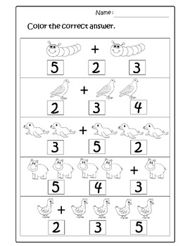 Kindergarten Math Addition to 5 with Pictures, Color, Cut and Paste ...
