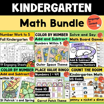 Preview of Kindergarten Math Bundle Color by Number Write the Room Add Subtract Place Value