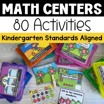 Preview of Kindergarten Math Centers FULL YEAR Task Cards Bundle Counting, Addition, Shapes