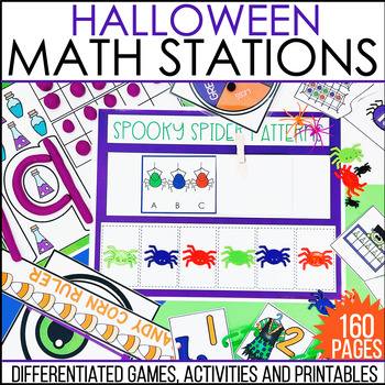 Preview of Kindergarten Math Centers - Halloween Math Stations, Math Activities, Games