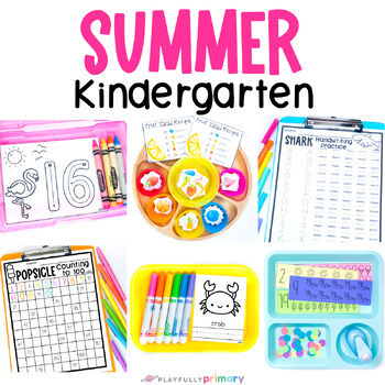 Preview of Kindergarten Summer Activities, Summer School Camp Math + Literacy  Center Tubs