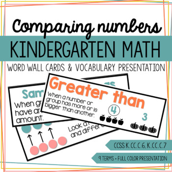Preview of Kindergarten Math - Comparing Numbers Vocab - Word Wall Cards & Presentation