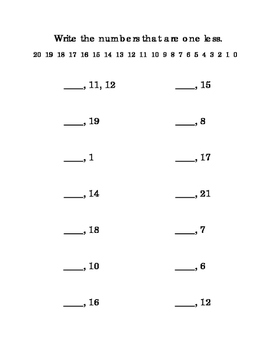 Kindergarten Math Counting One Less Numbers Up To 21 Printable Numbers ...