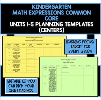 Preview of Kindergarten Math Expressions Units 1-5 Planning Templates (Centers)