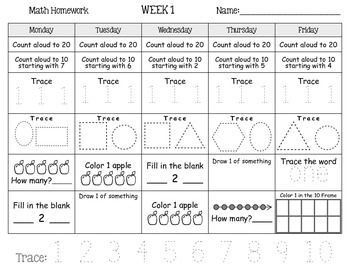 Preview of Kindergarten Math Homework 1 - 6 Weeks