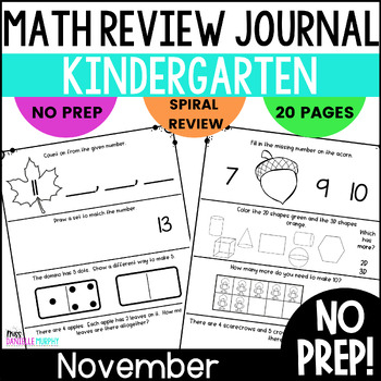 Preview of Kindergarten Math Journal Prompts, November Spiral Math Review, Math Worksheets