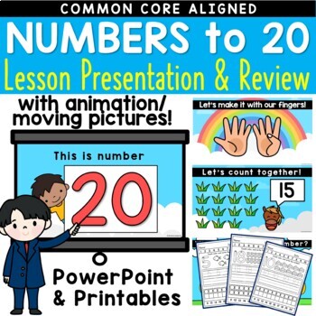 Preview of Numbers to 20 Math Task Cards Kindergarten PowerPoint Lesson and Worksheets