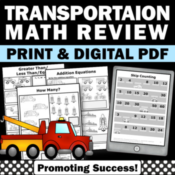 Preview of Kindergarten Math Review Worksheets Addition Subtraction Transportation Theme