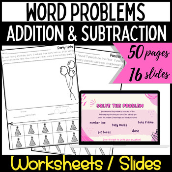 Preview of Kindergarten Math Word Problems Addition and Subtraction Worksheets / Slides