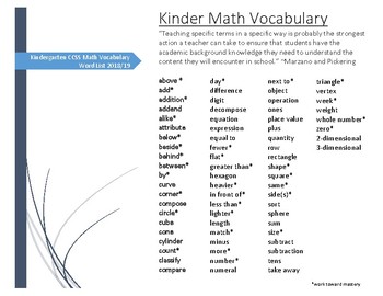 Preview of Kindergarten Math Word Wall Vocabulary Cards - Whole Year Set