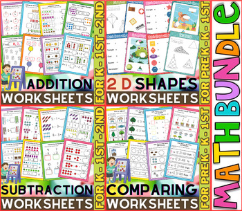 Preview of Math Worksheets Bundle | Addition and Subtraction, Shapes, Comparing.. | K & 1st