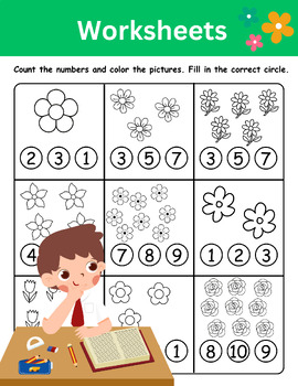 Preview of Kindergarten Math Worksheet , Count Number , Color the pictures , Activities