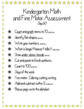 Preview of Kindergarten Math and Fine Motor Assessment #2 (Day 60)