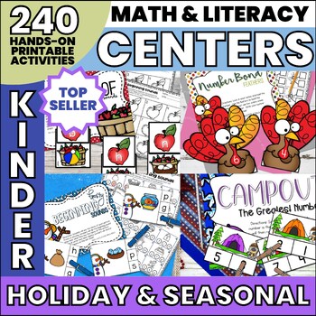 Preview of Kindergarten Math & Literacy Centers Activities | Printable | Holiday Themed