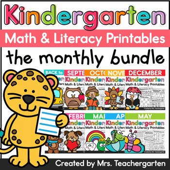 Preview of Kindergarten Math and Literacy Printables - Monthly BUNDLE