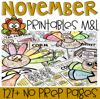 Preview of Kindergarten Math and Literacy Printables November | Thanksgiving Activities
