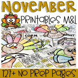 Kindergarten Math and Literacy Printables November | Thank
