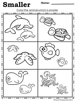 Kindergarten Measurement math Worksheets ocean animals theme | TPT