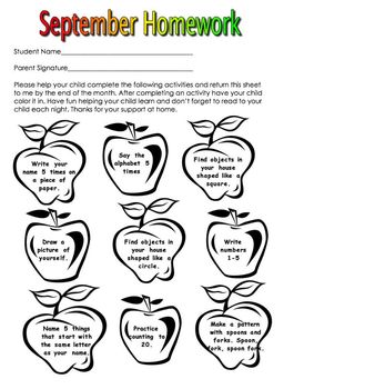 monthly kindergarten homework
