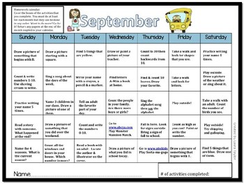Preview of Kindergarten Monthly Homework Calendars Sept-June