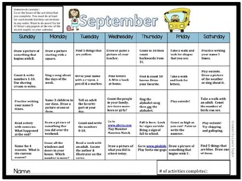 Preview of Kindergarten Monthly Homework Calendars Sept-June