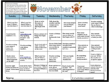 Kindergarten Monthly Homework Calendars Sept-June by Laura Taylor