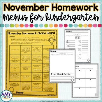 Preview of Kindergarten Homework Menu November