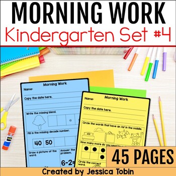 Preview of Kindergarten Morning Work - Math, Grammar, and Reading Review Worksheets - Set 4