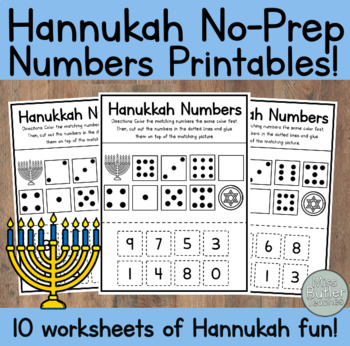 Preview of Kindergarten NO-PREP Hanukkah (Chanukah) Worksheets! Numbers 0-10 Math Center
